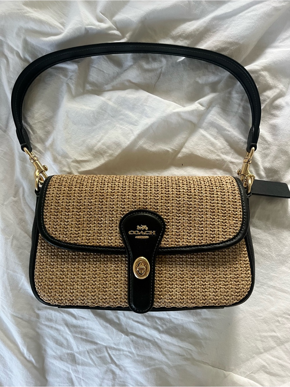 Coach Natural Straw and Black Leather Shoulder Bag with Gold Hardware
